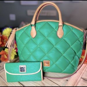 Beautiful Green Dooney and Bourke  quilted satchel and matching wallet